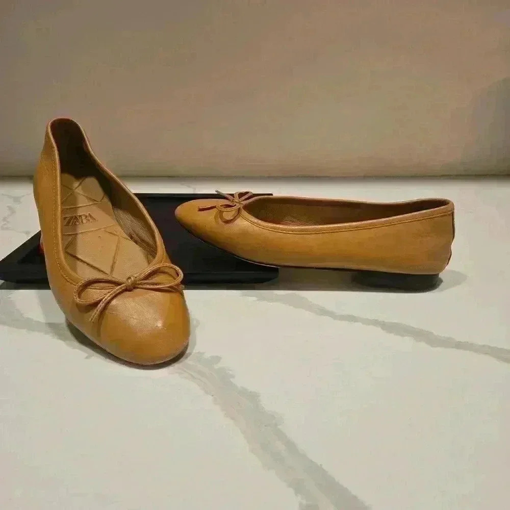 ZARA Leather Bow Ballet Flats Shoes Camel Brown Womens Size 5 Eur 35